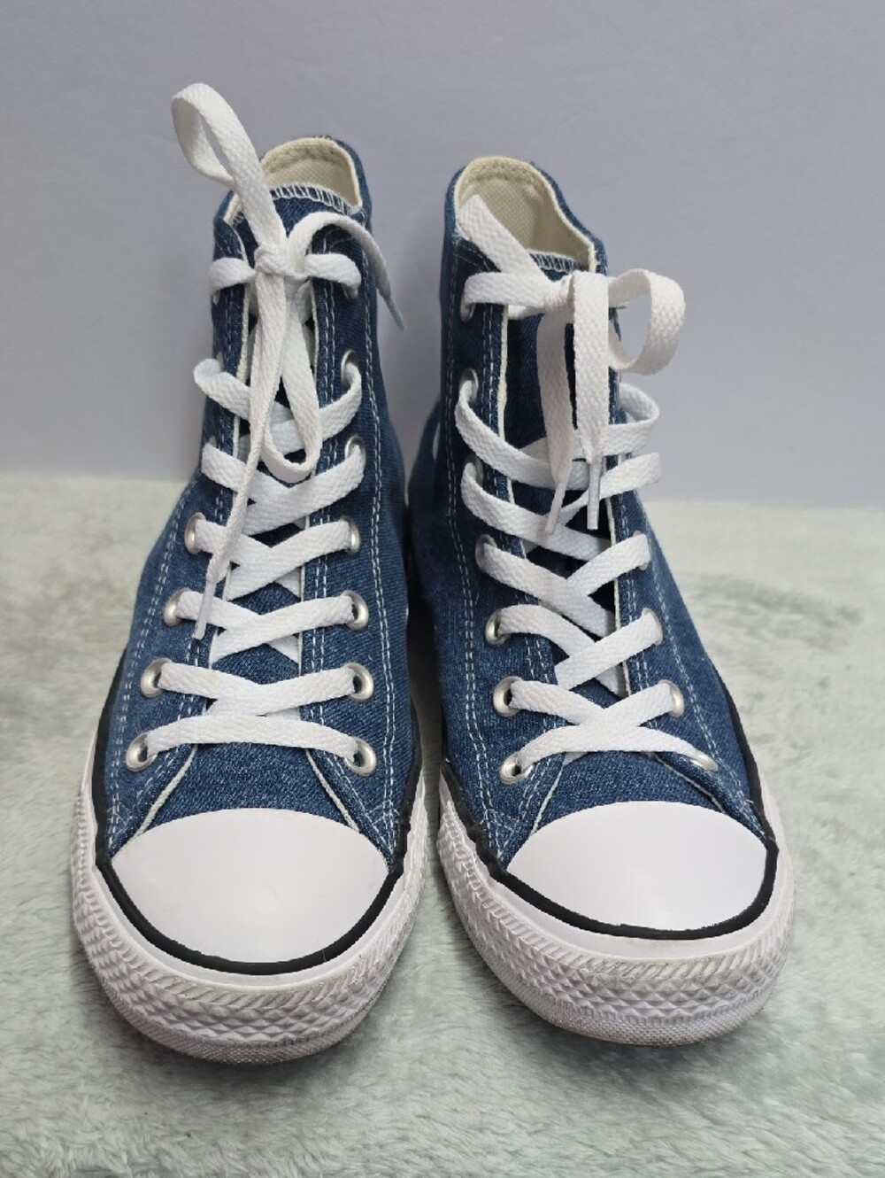 Converse High Top Sneakers in Blue Denim with White Butterfly Accents - Picture 6 of 7